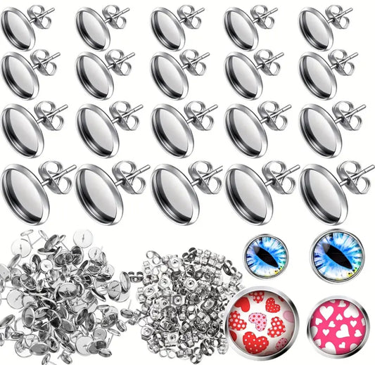 12mm Stainless Steel Blank Stud Earring Kit (60pcs)